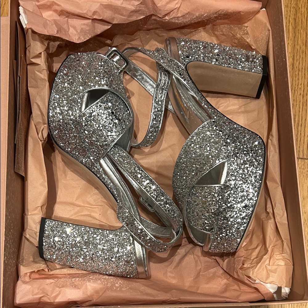 Miu Miu Silver Glitter Peep-Toe Platform Sandals
